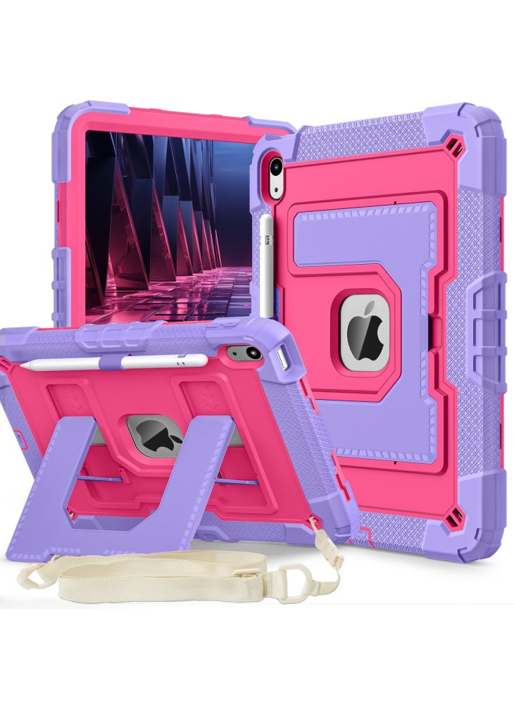 For iPad (2025)/iPad 10.9 (2022) Case with Kickstand Strap Anti Drop PC+Silicone Tablet Cover - Purple/Rose - Image 1