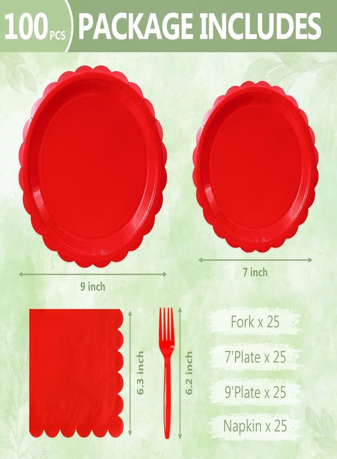 Mulbozy 100 Red Plates and Napkins Disposable Set Includes 25-9" & 25-7" Dessert Cake Scalloped Plates, Cocktail Napkins, Forks for for Holiday Party Supplies - Image 2