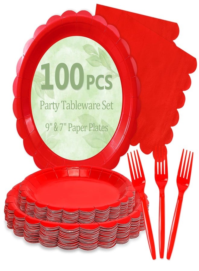 Mulbozy 100 Red Plates and Napkins Disposable Set Includes 25-9" & 25-7" Dessert Cake Scalloped Plates, Cocktail Napkins, Forks for for Holiday Party Supplies - Image 1
