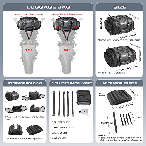Rhinowalk Motorcycle Tail Bag Expandable 19-26L Motor Travel Luggage Motorbike Rear Rack Trunk Storage Bag with Waterproof Rain Cover Motorcycle Accessories,Black - Image 3