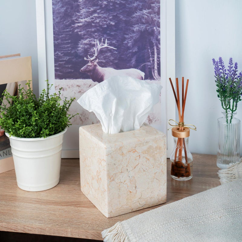 Creative Home Luxury Natural Champagne Marble Tissue Box Cover Heavy-Duty Square Facial Tissue Holder, Hand-Carved for Bathroom Bedroom Living Room, Elegant Durable, Beige, 5.4 x 5.4 x 5.6 H Inch - Image 2