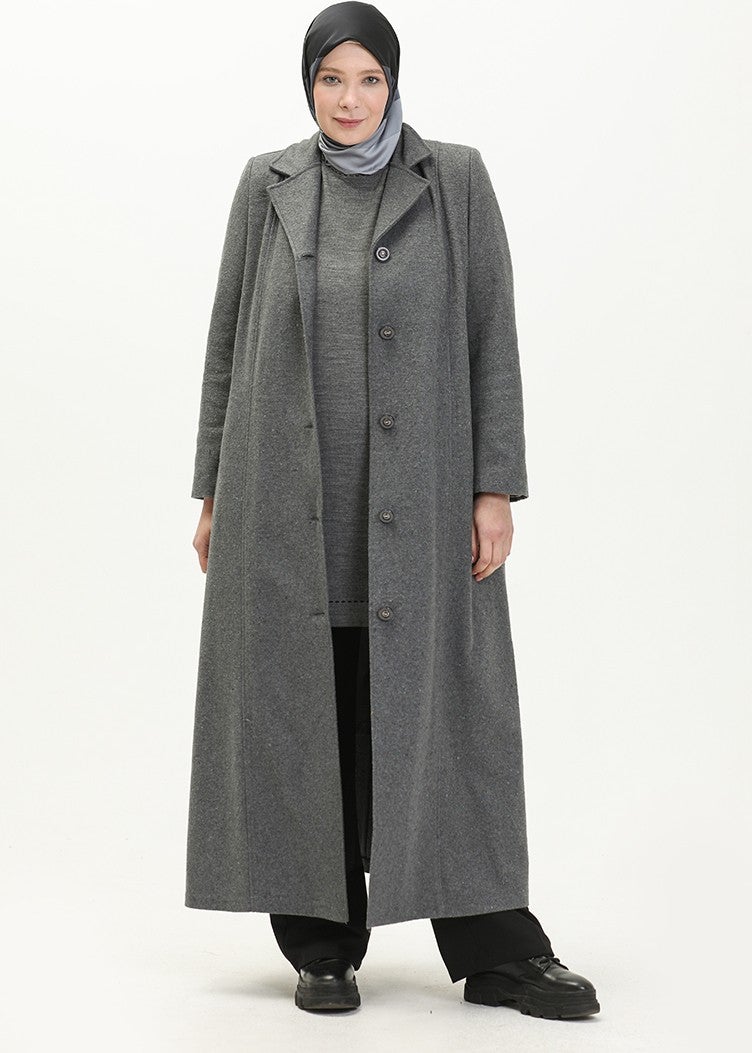 Sefa Merve Plus Size Buttoned Cashmere Coat 0176-03 Gray - Image 3