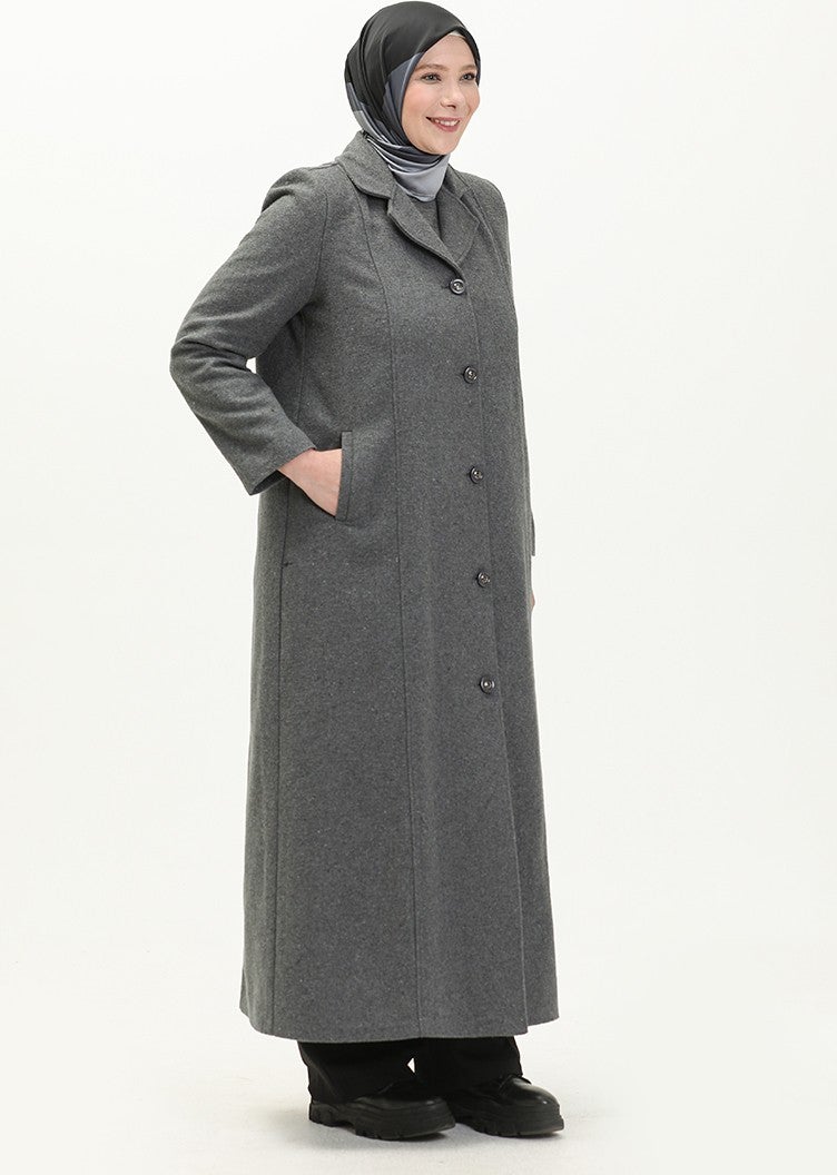 Sefa Merve Plus Size Buttoned Cashmere Coat 0176-03 Gray - Image 2