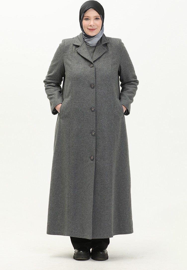 Sefa Merve Plus Size Buttoned Cashmere Coat 0176-03 Gray - Image 1