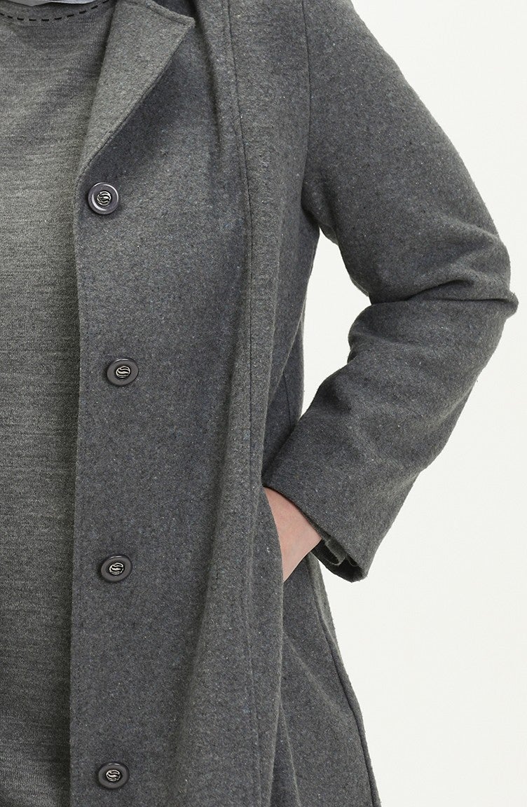 Sefa Merve Plus Size Buttoned Cashmere Coat 0176-03 Gray - Image 5