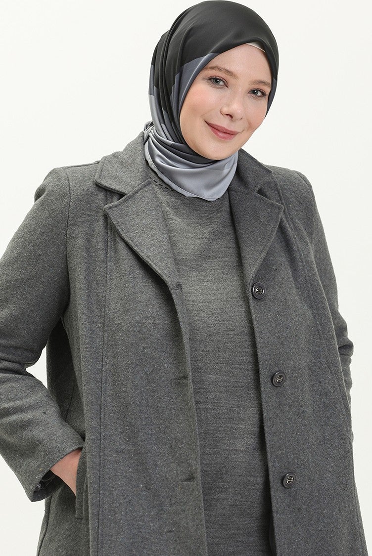 Sefa Merve Plus Size Buttoned Cashmere Coat 0176-03 Gray - Image 4