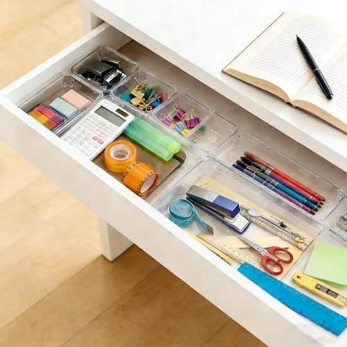 OjpZorynic Clear Drawer Organizer Set, 4 Sizes Desk Drawer Divider Organizers Storage Bins for Bathroom,Kitchen,Office,Vanity Organizers Tray for Jewelry (15PACK) - Image 3