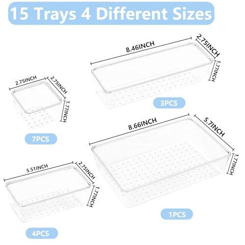 OjpZorynic Clear Drawer Organizer Set, 4 Sizes Desk Drawer Divider Organizers Storage Bins for Bathroom,Kitchen,Office,Vanity Organizers Tray for Jewelry (15PACK) - Image 5