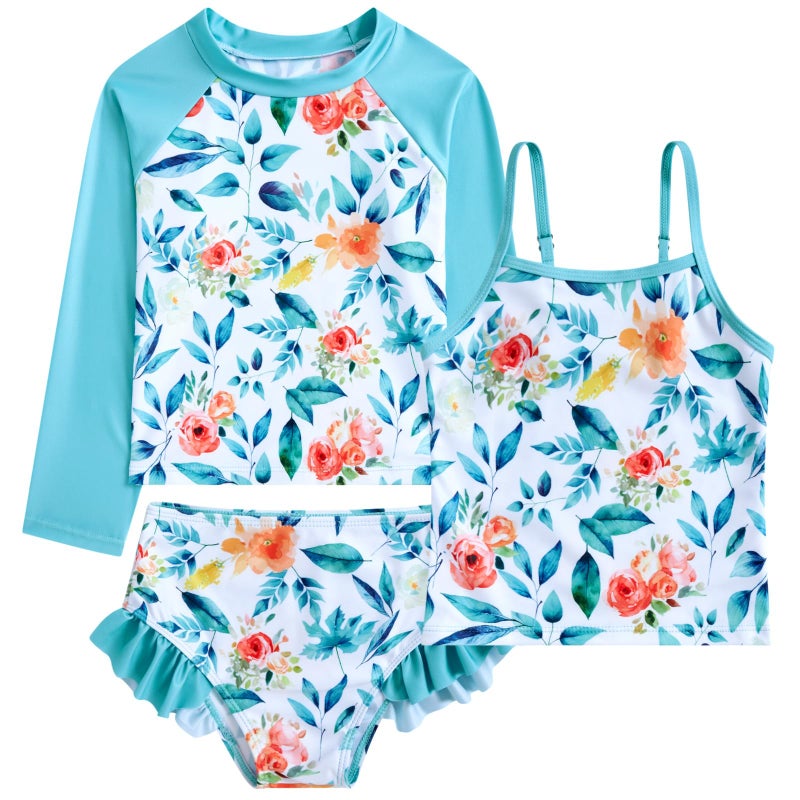 swimsobo Girl Mermaid Rash Guard Swimsuit for Kids Size 5-6 Years Green Tankini Sets Sun Protect Bathing Suit 3 Pieces Long Sleeve Child Swimwear - Image 2
