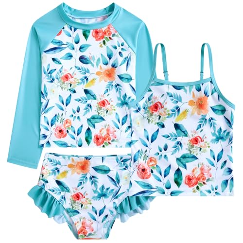 swimsobo Girl Mermaid Rash Guard Swimsuit for Kids Size 5-6 Years Green Tankini Sets Sun Protect Bathing Suit 3 Pieces Long Sleeve Child Swimwear - Image 1