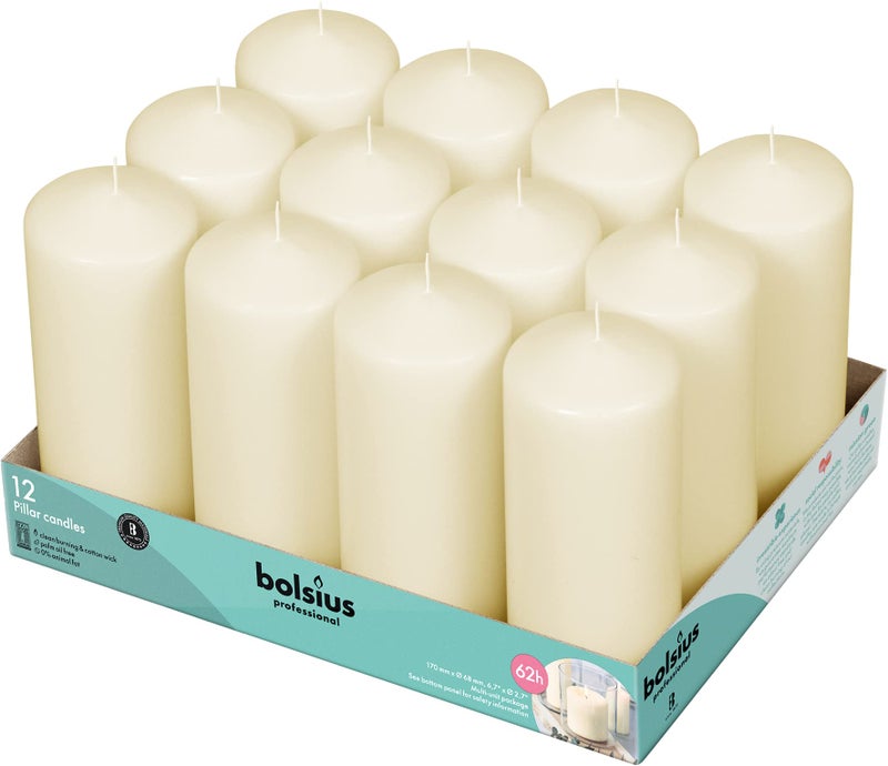BOLSIUS 12 Ivory Pillar Candles 27 x 67 inch Unscented Candle Set Dripless Clean Burning Smokeless Dinner Candle Perfect for Wedding Candles Parties and Special Occasions