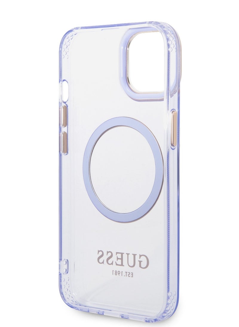 GUESS iPhone 14 Plus Case MagSafe Back Cover with Translucent Gold Outline / Lifted Ring Case / Slim Profile / Easy Snap-On / Drop & Bumper Protection - Purple  - Image 5