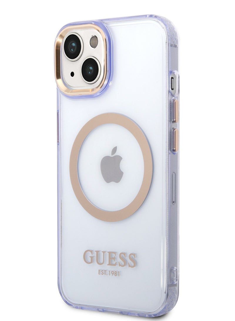 GUESS iPhone 14 Plus Case MagSafe Back Cover with Translucent Gold Outline / Lifted Ring Case / Slim Profile / Easy Snap-On / Drop & Bumper Protection - Purple  - Image 2