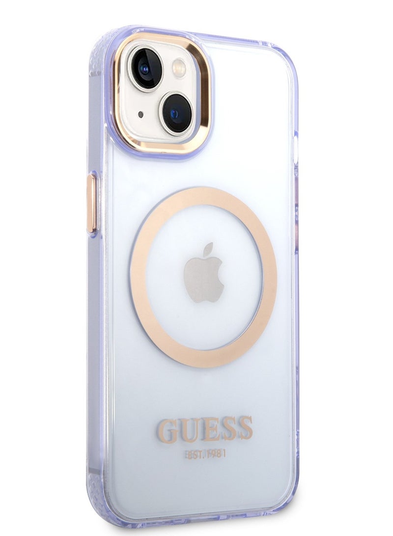 GUESS iPhone 14 Plus Case MagSafe Back Cover with Translucent Gold Outline / Lifted Ring Case / Slim Profile / Easy Snap-On / Drop & Bumper Protection - Purple  - Image 3