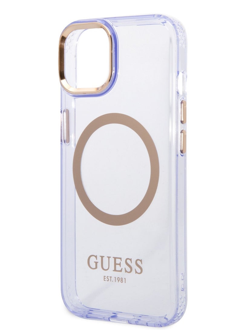 GUESS iPhone 14 Plus Case MagSafe Back Cover with Translucent Gold Outline / Lifted Ring Case / Slim Profile / Easy Snap-On / Drop & Bumper Protection - Purple  - Image 4