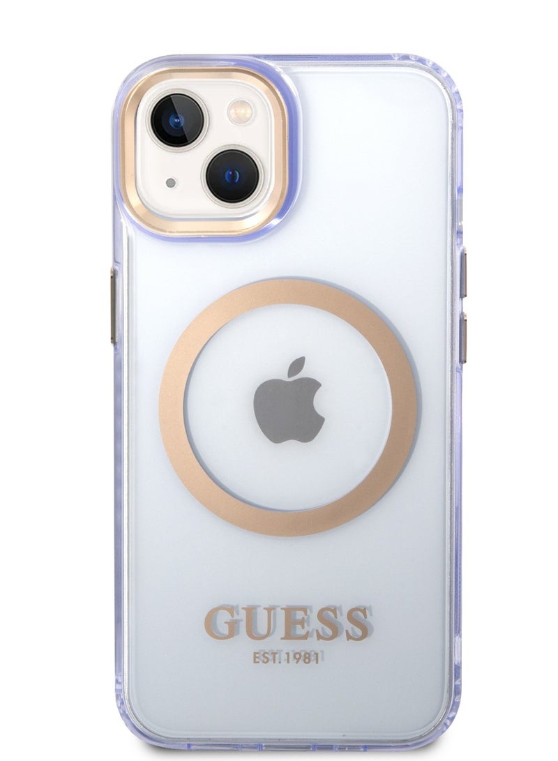 GUESS iPhone 14 Plus Case MagSafe Back Cover with Translucent Gold Outline / Lifted Ring Case / Slim Profile / Easy Snap-On / Drop & Bumper Protection - Purple  - Image 1