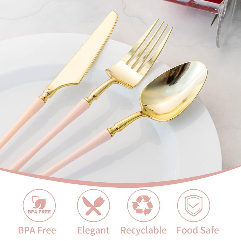 Lullaby 90pcs Gold Plastic Silverware  High End Disposable Cutlery with Pink Handle Include 30 Forks  30 Spoons  30 Knives  Elegant Disposable Silverware for Wedding  Party  Gathering and Daily Use - Image 4