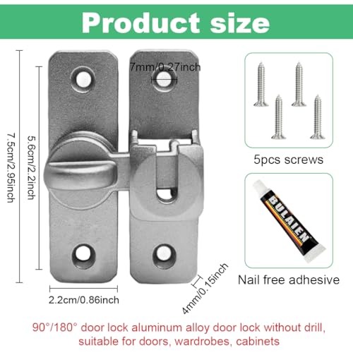 HASTHIP® Door Latch Door Lock 90°/180° Gate Door Latch Lock Rugged Aluminum Alloy Door Latch Lock No Drill Latch Lock for Gate, Door, Closet, Cabinet, with Screw Packs and Installation Accessories - Image 2