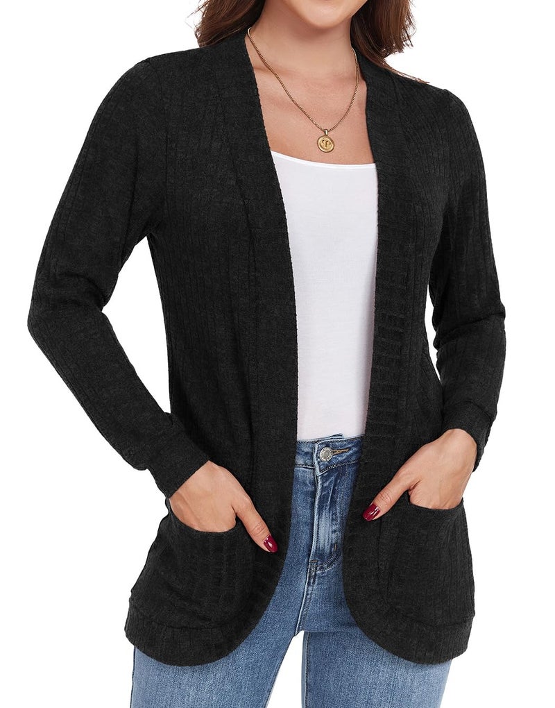 GRECERELLE Women's Black Long Sleeve Open Front Cardigan Casual Ribbed Knit Sweater Outerwear with Pockets, XX-Large - Image 1