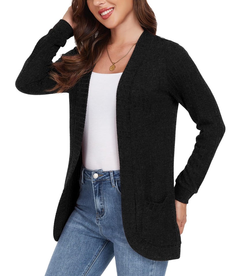 GRECERELLE Women's Black Long Sleeve Open Front Cardigan Casual Ribbed Knit Sweater Outerwear with Pockets, XX-Large - Image 4