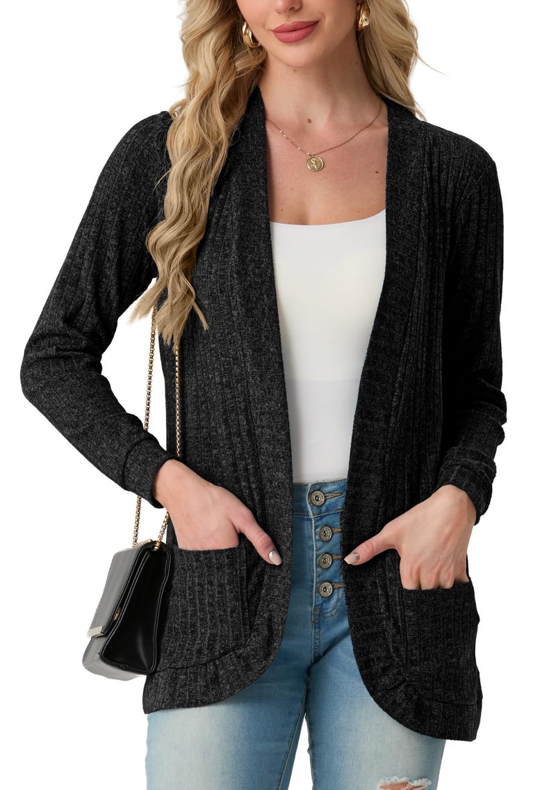 GRECERELLE Women's Black Long Sleeve Open Front Cardigan Casual Ribbed Knit Sweater Outerwear with Pockets, XX-Large - Image 3