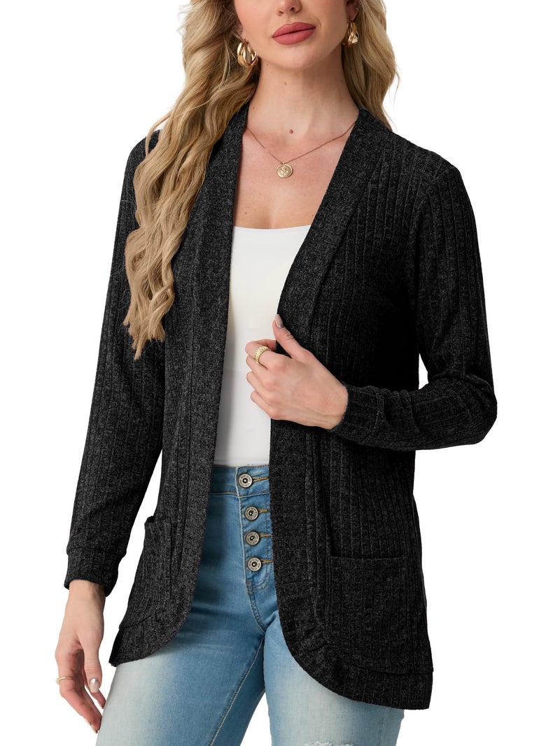 GRECERELLE Women's Black Long Sleeve Open Front Cardigan Casual Ribbed Knit Sweater Outerwear with Pockets, XX-Large - Image 2