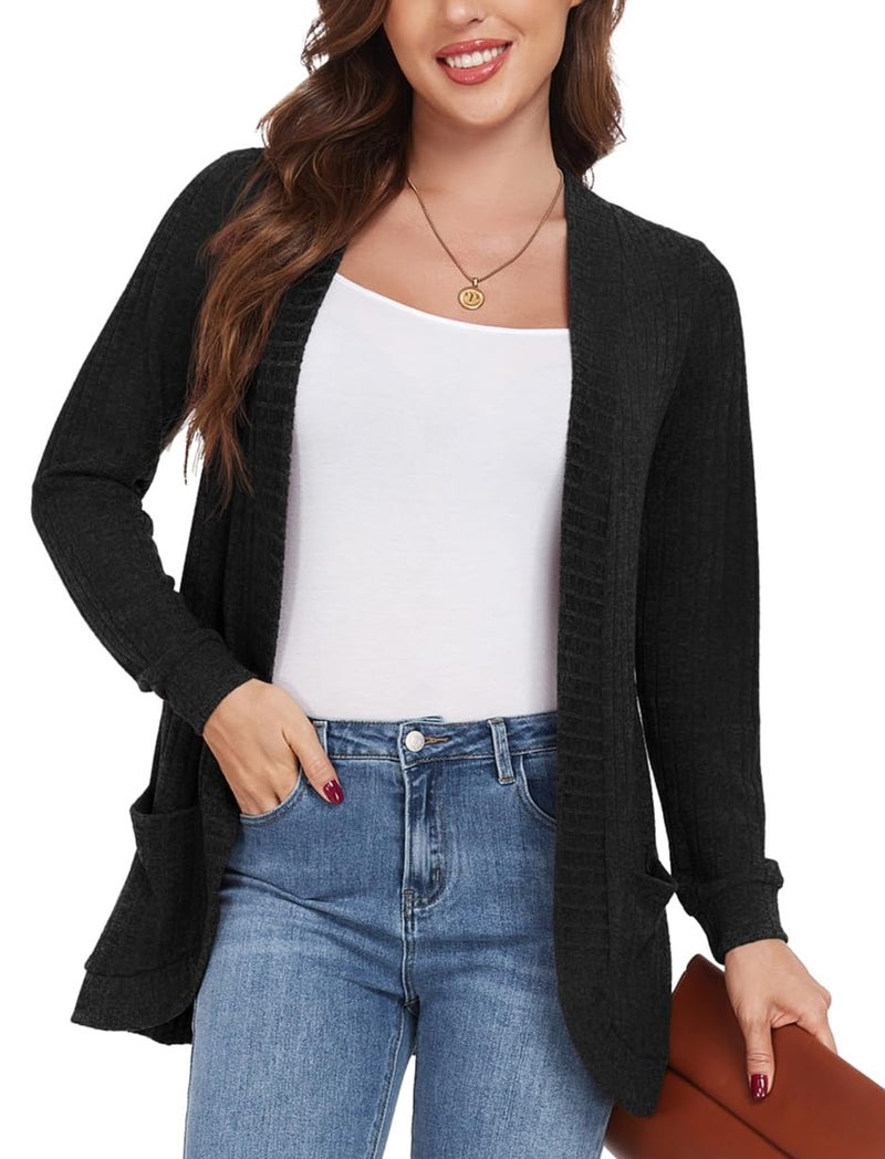GRECERELLE Women's Black Long Sleeve Open Front Cardigan Casual Ribbed Knit Sweater Outerwear with Pockets, XX-Large - Image 5