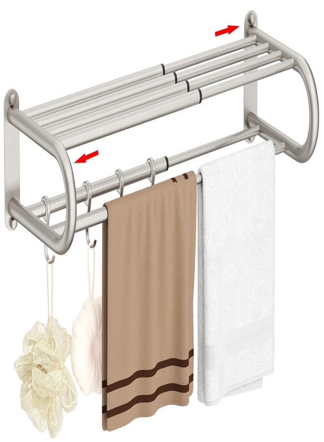 BESy Adjustable 15-25 Inch Towel Rack with Shelf for Bathroom and Lavatory Towel Shelf Double Towel Bar Rod 4 Hooks Wall Mount Multifunction Towel Holder Hotel Style Stainless Steel Brushed Nickel - Image 1
