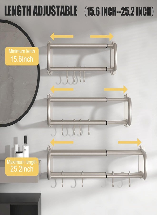 BESy Adjustable 15-25 Inch Towel Rack with Shelf for Bathroom and Lavatory Towel Shelf Double Towel Bar Rod 4 Hooks Wall Mount Multifunction Towel Holder Hotel Style Stainless Steel Brushed Nickel - Image 3