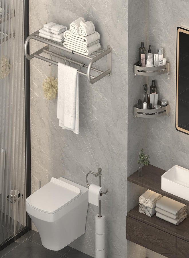 BESy Adjustable 15-25 Inch Towel Rack with Shelf for Bathroom and Lavatory Towel Shelf Double Towel Bar Rod 4 Hooks Wall Mount Multifunction Towel Holder Hotel Style Stainless Steel Brushed Nickel - Image 2