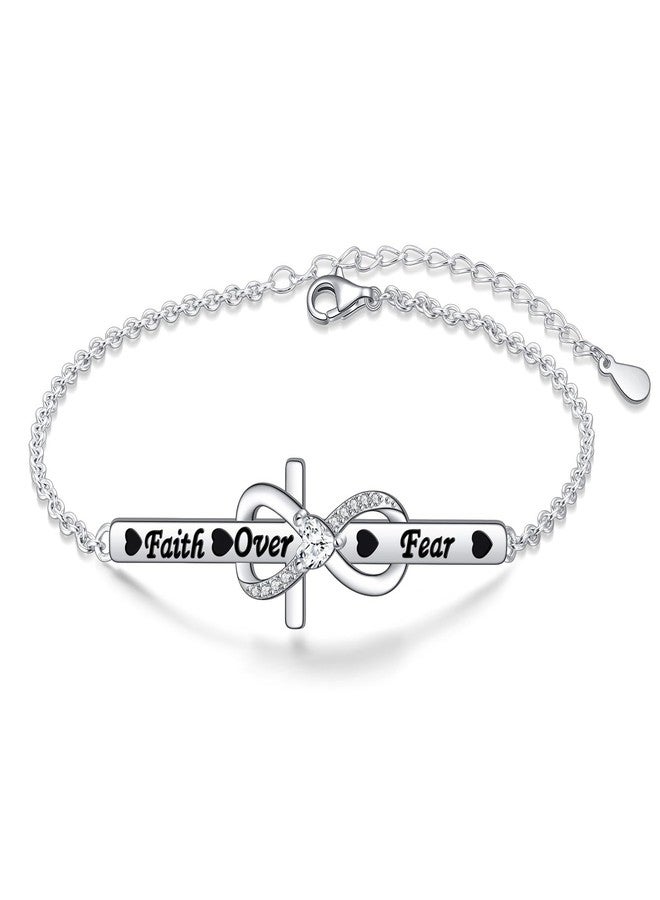 Yearace 925 Sterling Silver Engraved Faith Over Fear Heart Infinity Cross Charm Cross Bracelet Bible Verse Birthday Religious Gift for Women Sisters Daughter Catholic - Image 1