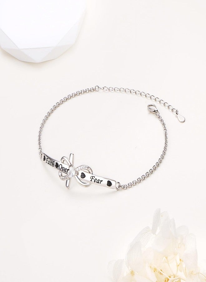 Yearace 925 Sterling Silver Engraved Faith Over Fear Heart Infinity Cross Charm Cross Bracelet Bible Verse Birthday Religious Gift for Women Sisters Daughter Catholic - Image 2