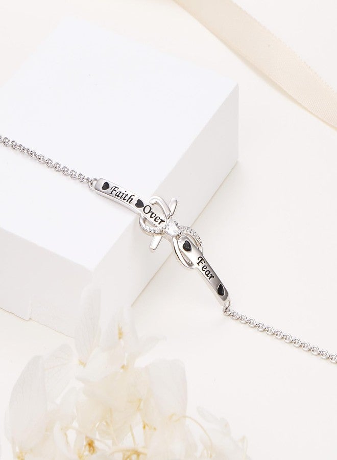 Yearace 925 Sterling Silver Engraved Faith Over Fear Heart Infinity Cross Charm Cross Bracelet Bible Verse Birthday Religious Gift for Women Sisters Daughter Catholic - Image 3