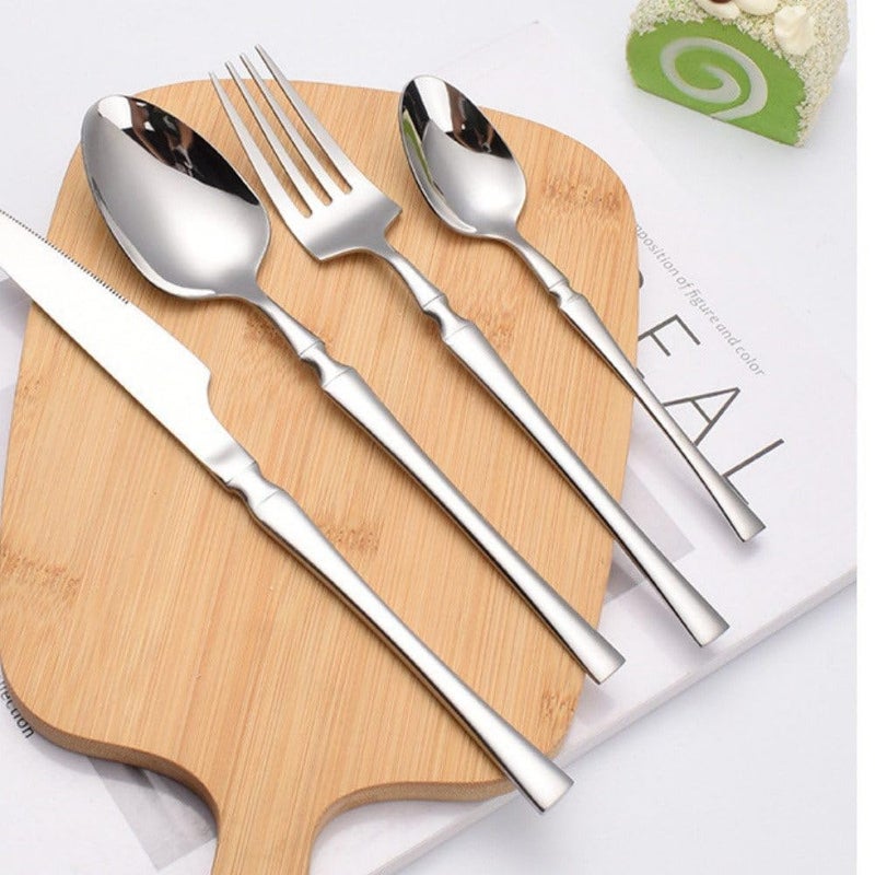 KAMROLLA KAMORLLA Silverware Tableware Flatware Cutlery Set Premium Stainless Steel Utensils with Steak Knives Dessert Spoon Dinner Spoon Setand Special OccasionsSet of 14PcsSilver  - Image 4