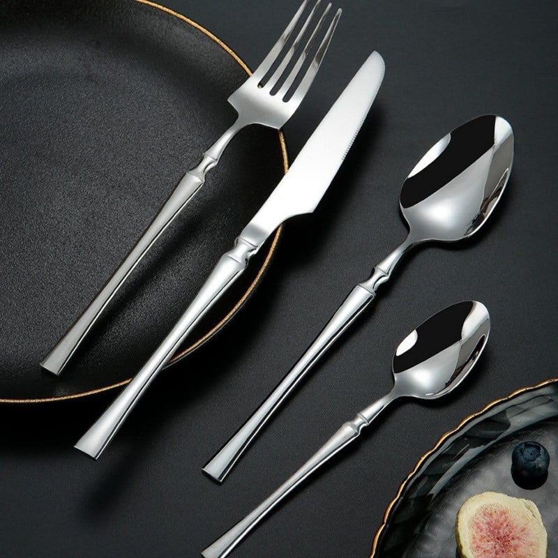KAMROLLA KAMORLLA Silverware Tableware Flatware Cutlery Set Premium Stainless Steel Utensils with Steak Knives Dessert Spoon Dinner Spoon Setand Special OccasionsSet of 14PcsSilver  - Image 5