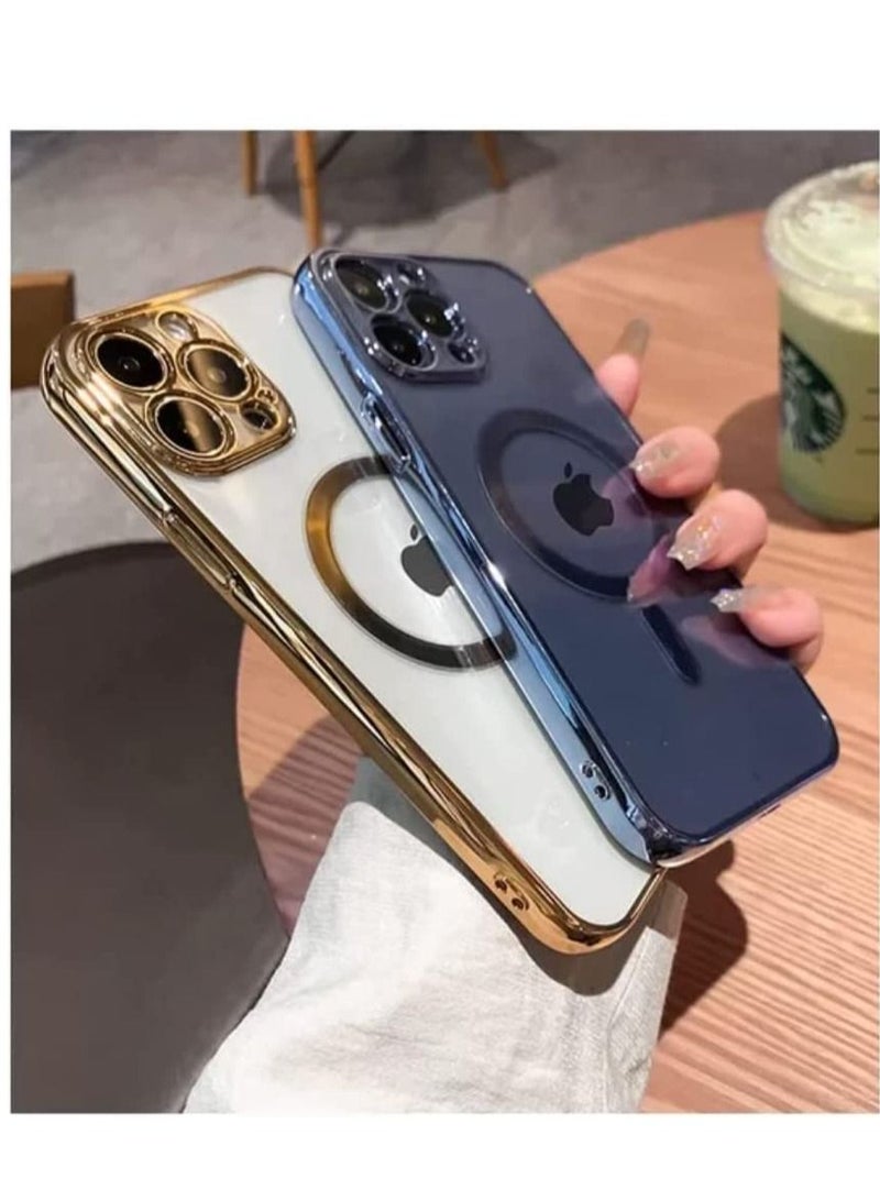 Luxury Plating Clear Magnetic For Magsafe Wireless Charge Case Compatible With IPhone 14 Pro|14 Pro Max Soft Silicone Ultraslim Edges Protective TPU PC Hybrid Case(Gold Pro) - Image 2