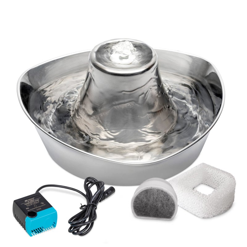 PetSafe Seaside Stainless Pet Fountain - Encourages Hydration - Dual Filtration Removes Odors - Compact Design - Rust Resistant Material - Quiet Motor - - Image 1
