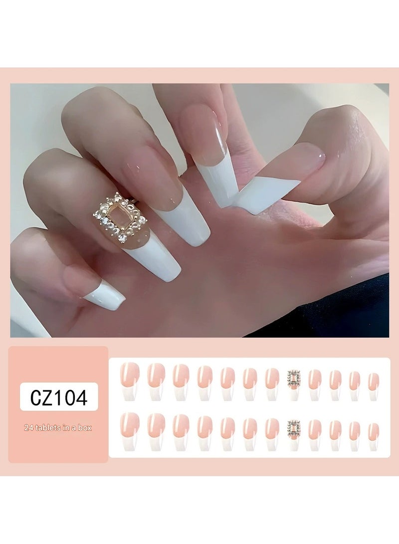 Goolsky Milky White Rhinestone Frame Long Fake Nails – Handmade Press On Y2K Cool Sweet Nail Tips Detachable, 24pcs Luxury Party Wear - Image 1