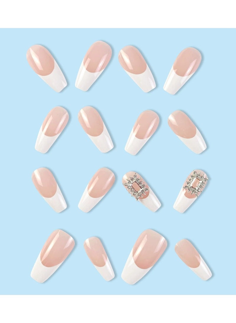 Goolsky Milky White Rhinestone Frame Long Fake Nails – Handmade Press On Y2K Cool Sweet Nail Tips Detachable, 24pcs Luxury Party Wear - Image 2