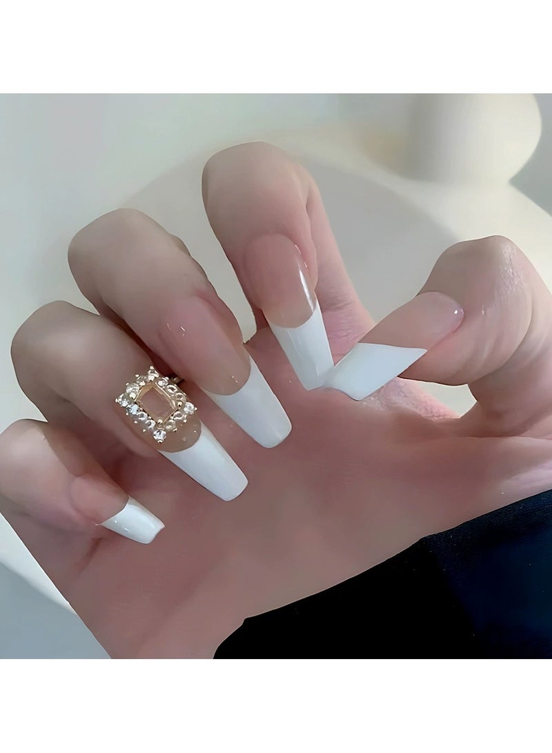 Goolsky Milky White Rhinestone Frame Long Fake Nails – Handmade Press On Y2K Cool Sweet Nail Tips Detachable, 24pcs Luxury Party Wear - Image 4