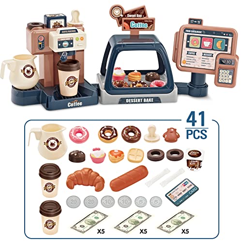 yoliyogo Pretend Play Coffee Maker Toy Role Play Coffee Shop Party Playset with Coffee Machine Cash Registers Toy Food Dessert Donuts Cakes Set Early Learning Funtional Toy for Kids Birthday - Image 5