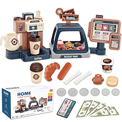 yoliyogo Pretend Play Coffee Maker Toy Role Play Coffee Shop Party Playset with Coffee Machine Cash Registers Toy Food Dessert Donuts Cakes Set Early Learning Funtional Toy for Kids Birthday - Image 1