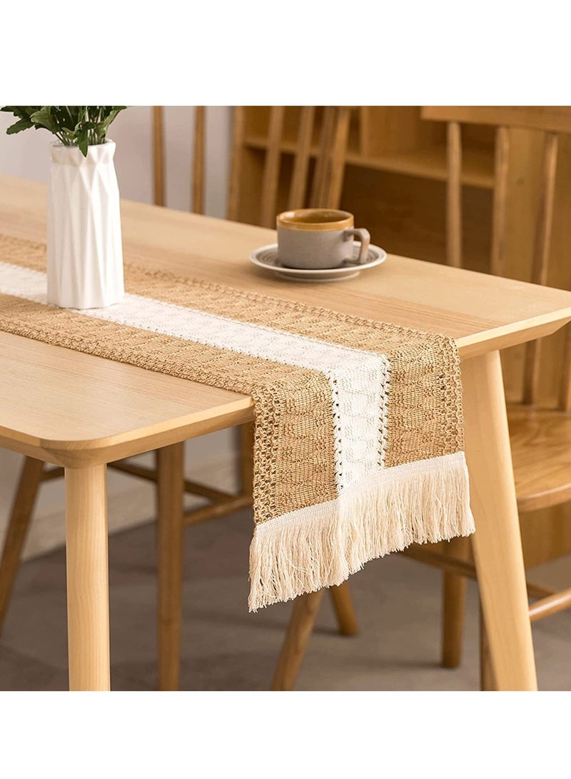 SOLARAE Table Runners Natural Burlap, Boho Macrame, Rustic with Tassels, Hand Woven Cotton and Splicing, for Living Room Party Wedding Decoration Dining - Image 1