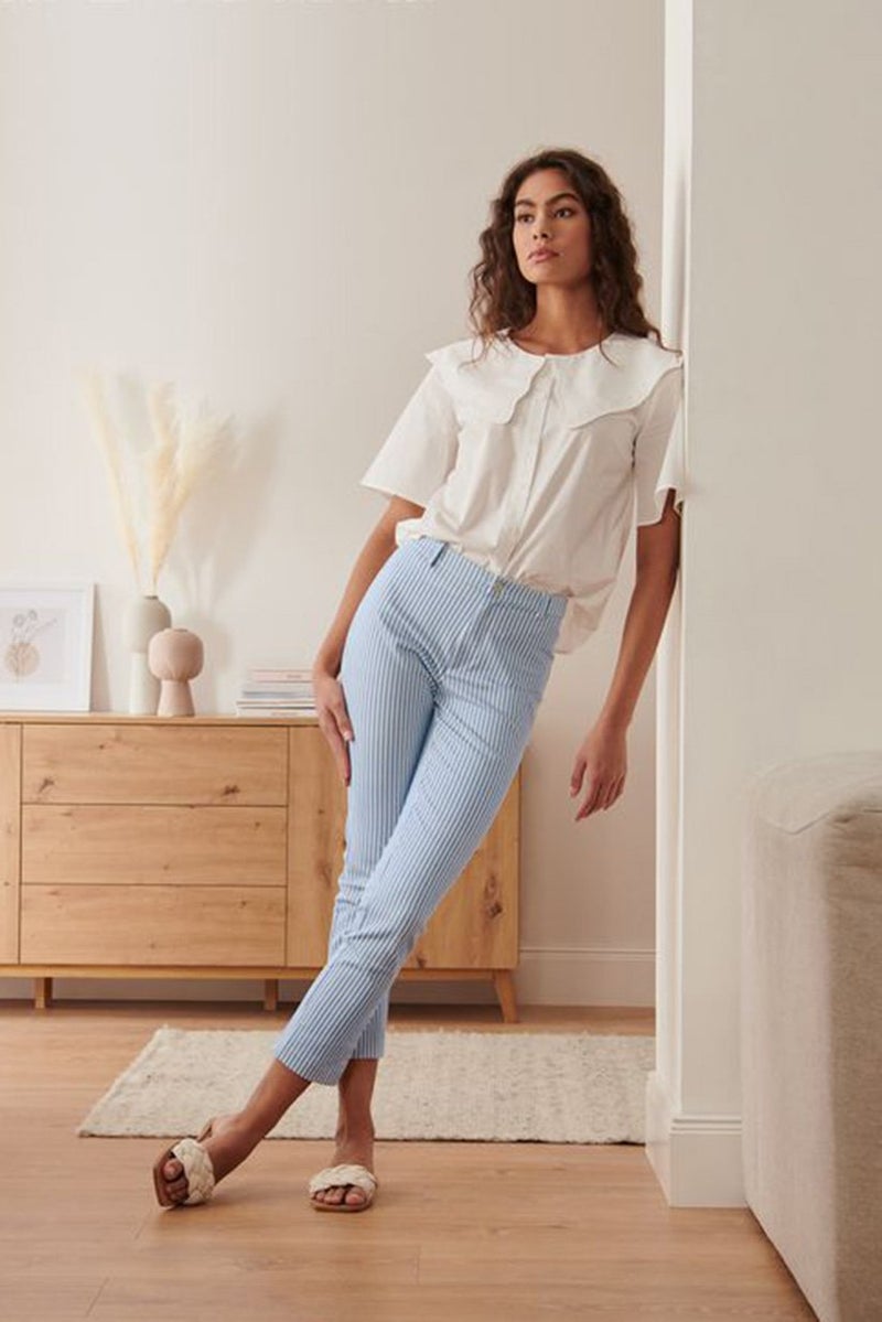 Tchibo Women Stretch Stripe Belt Loop Pants, White  - Image 1