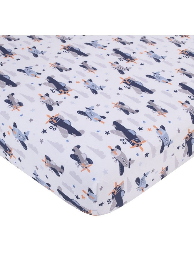 NoJo Little Love by NoJo Soar High Little One Navy, Light Blue, Orange, and White Airplanes, Clouds, and Stars Fitted Crib Sheet - Image 1