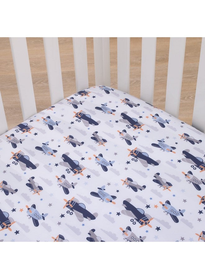 NoJo Little Love by NoJo Soar High Little One Navy, Light Blue, Orange, and White Airplanes, Clouds, and Stars Fitted Crib Sheet - Image 2