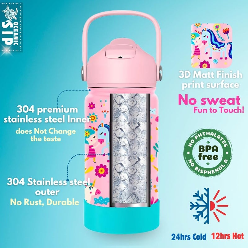 OCEANIC Kids Premium Stainless Steel Water Bottle 380ml 12oz Double-Wall Vacuum Insulated 304 Stainless steel Water Bottle BPA FREE Leak Proof- Best for School, Birthday Gift (Unicorn, 380ml) - Image 3