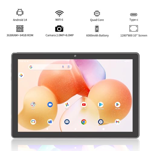 PRITOM All-New Tablet with Case,10 inch Tablet Android 14, 64GB, 1TB Expandable, 1280 * 800 HD IPS Display, Quad-Core Processor, 6000mAh, Bluetooth, TAB10 - Image 2