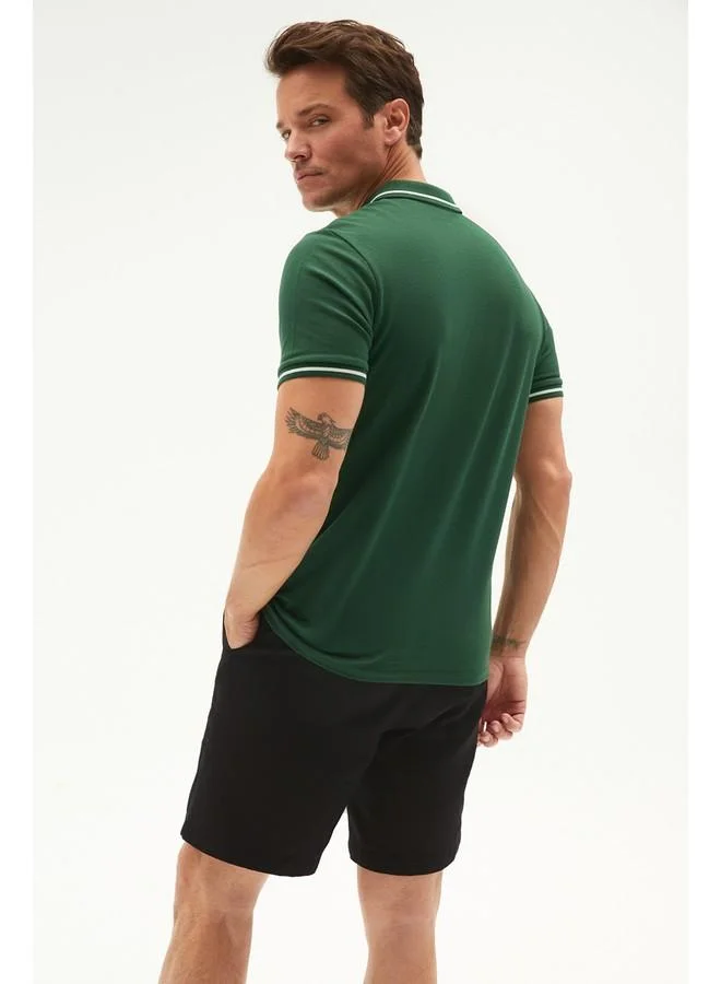 JUNE June Men Regular Fit Stripe Detailed Neck Polo Tshirt Dark Green