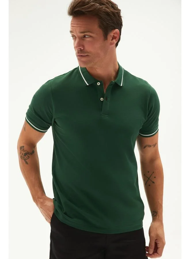JUNE June Men Regular Fit Stripe Detailed Neck Polo Tshirt Dark Green